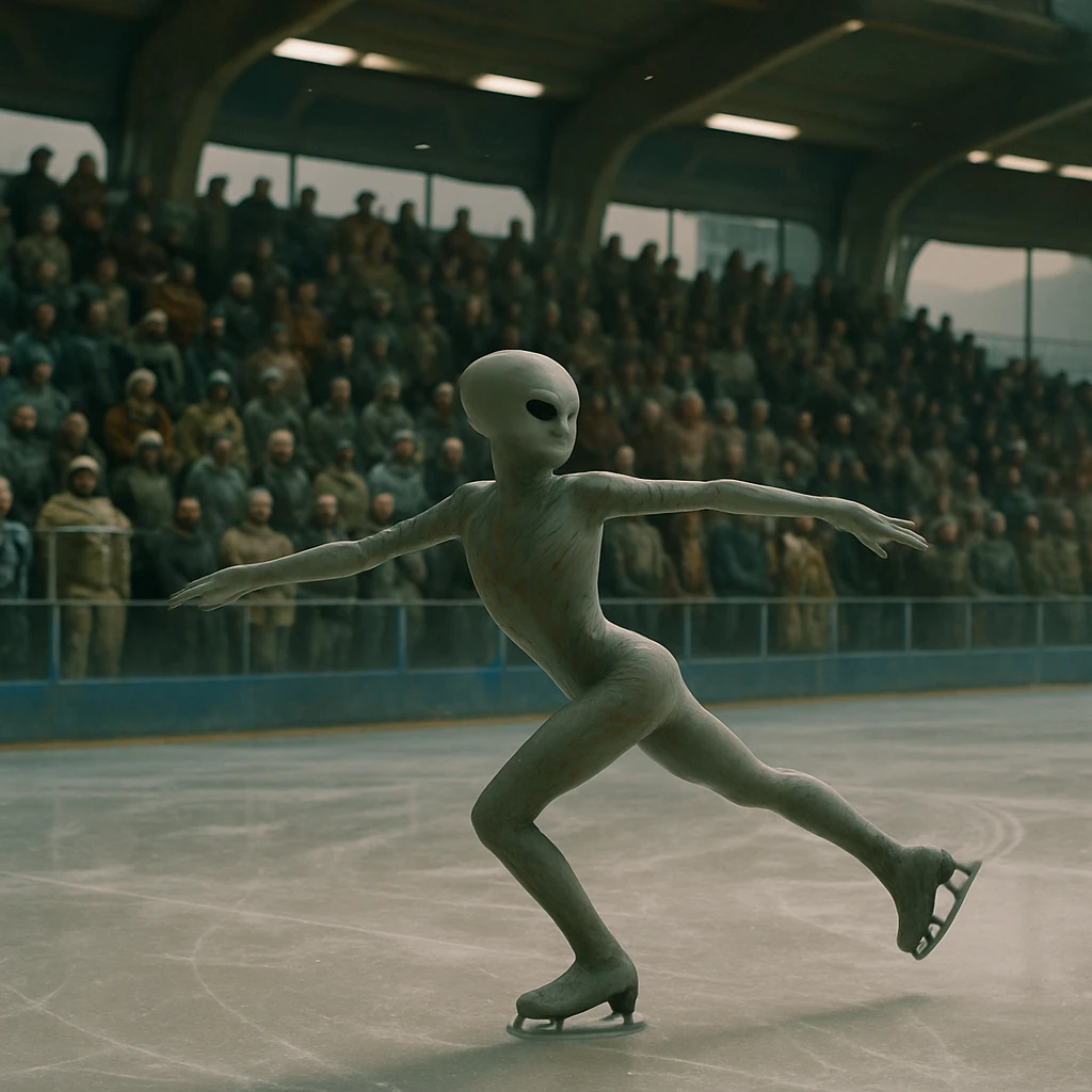 未来的なリンクでヘリオル族のスケーターが時間を逆行するようなスピンを見せ、観客が見守る場面の写真。