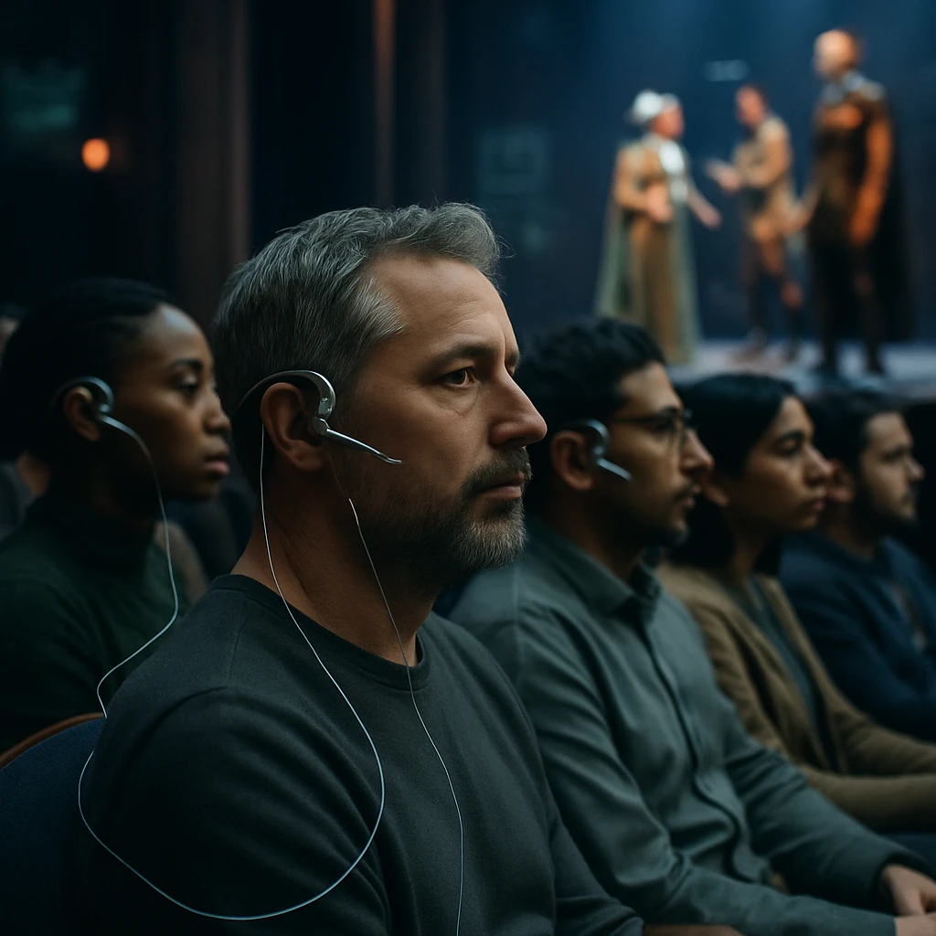 未来的な劇場で観客たちがシルバーのヘッドセットを装着し、舞台の演者と光のラインでつながれている様子の写真。