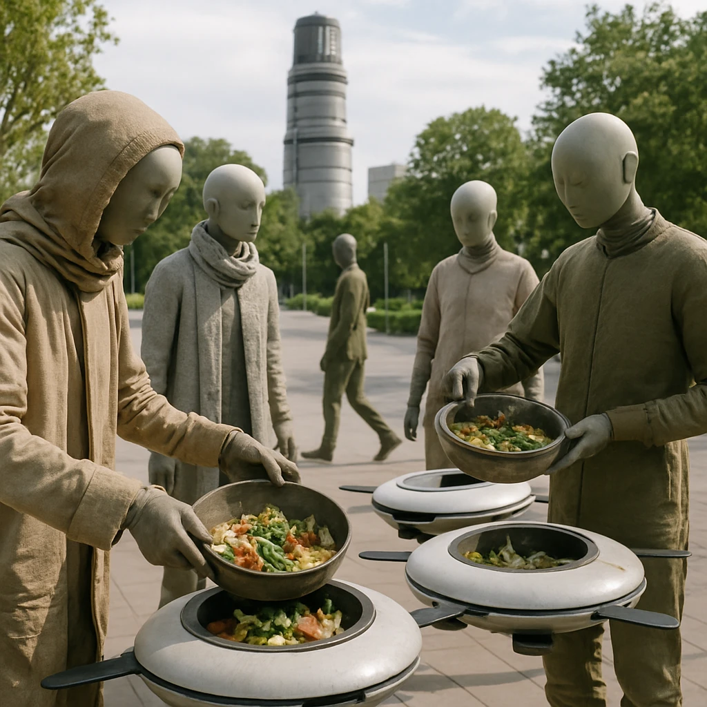 近未来的な都市広場で市民がフードロスを収集ドローンに投入し、背景にグリーン水素精製塔と森林が広がる様子。