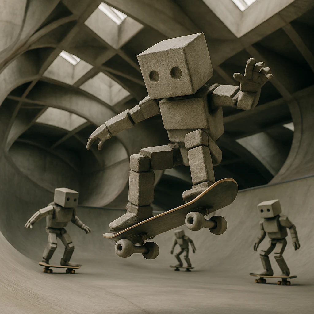 巨大な立方体構造の内壁全体に重力逆転ランプが設置され、立方体の姿をしたアクスリ族が特殊なスケートボードで多方向トリックを披露している場面。