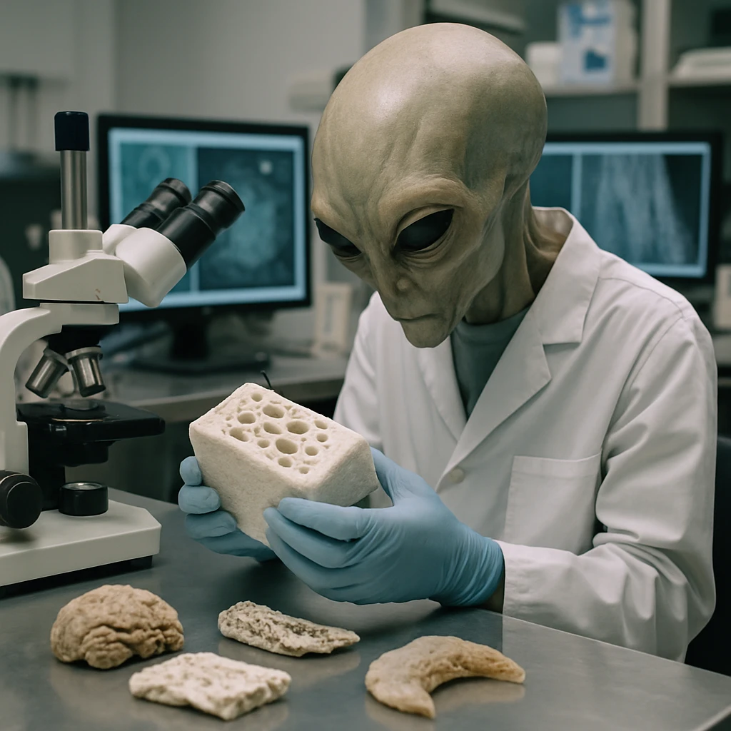 異星人の科学者が研究室で骨のようなセラミックス素材を手に取り観察している様子の実写風写真。