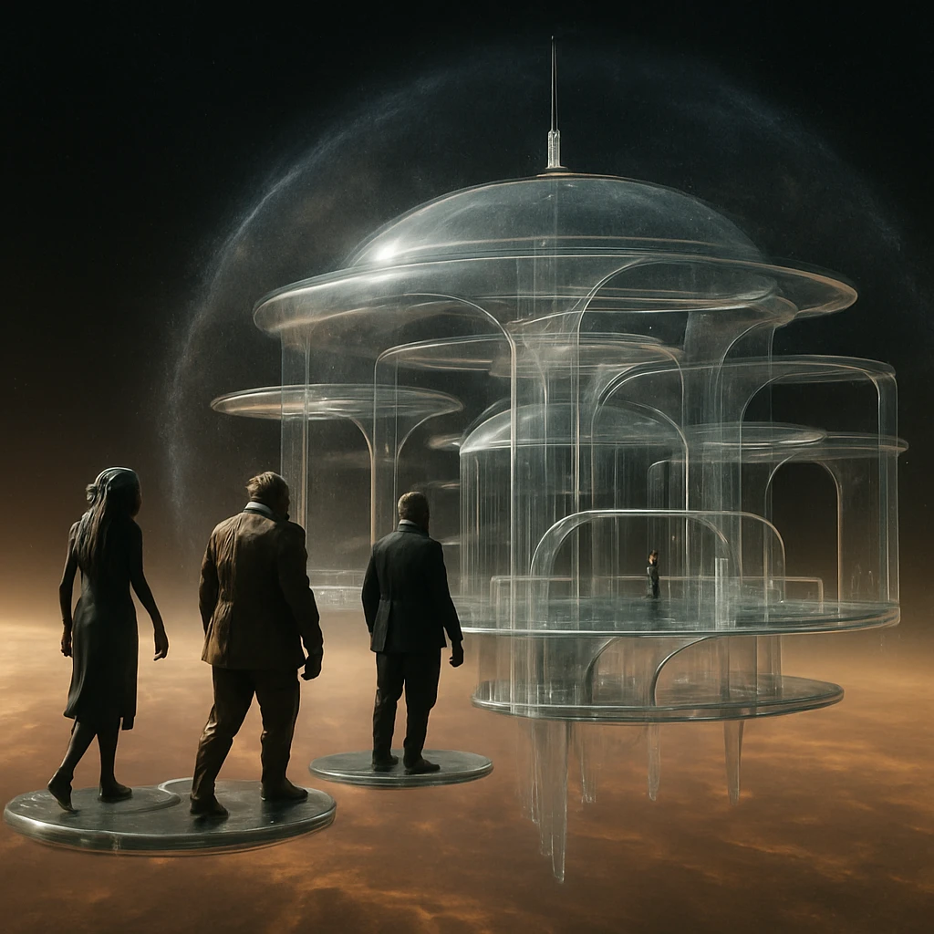 無色透明な構造体のプラズマ大使館が、惑星軌道上に光るプラズマフィールドに包まれて浮かび、複数の異種族外交官たちがプラットフォーム上で接近する様子の写真。