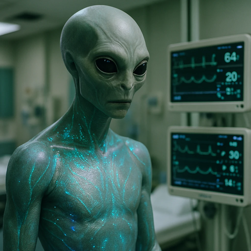 未来的なクリニックでホログラフィックなバイオスキンをまとった異星人ヴァネリ＝ル族が医療データモニターの横に立っている様子。