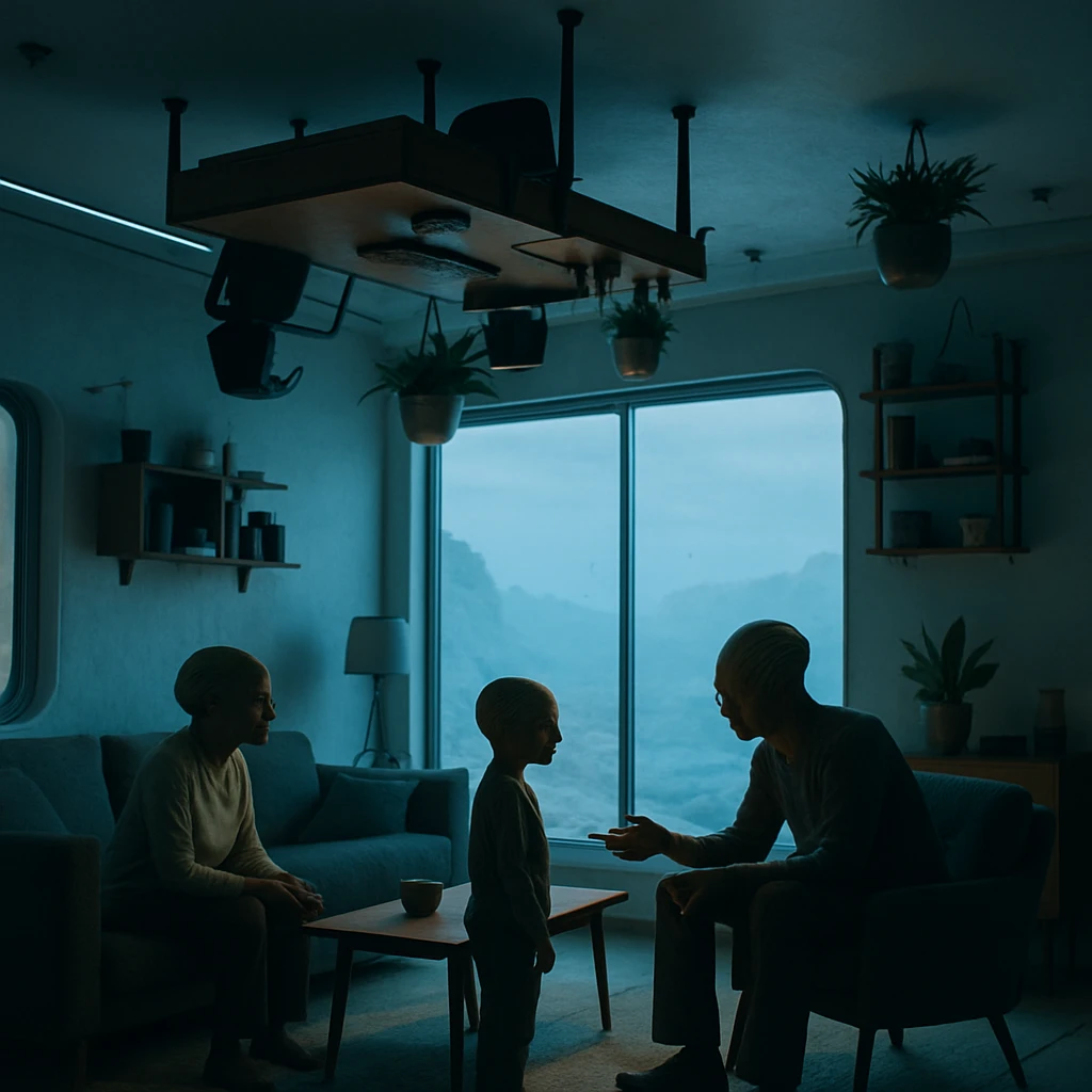 天井近くに逆さまに浮かぶ机や植物などと、その下で過ごすヒュメトリクス族の家族が写る未来的なリビングルームの写真。