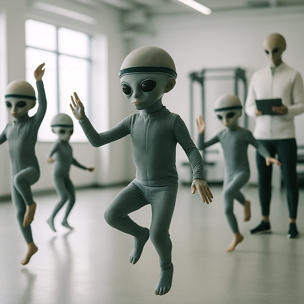 未来的なジムで神経同期センサーをつけた異星の子どもたちが個性的なダンスを踊っている様子。