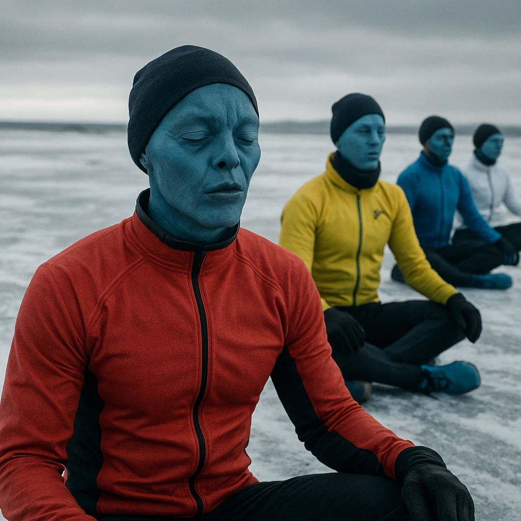 氷雪に覆われた広大な雪原で、低温環境に適応したブルー系の肌色を持つ競技者たちが深呼吸瞑想を行う様子の実写風写真。