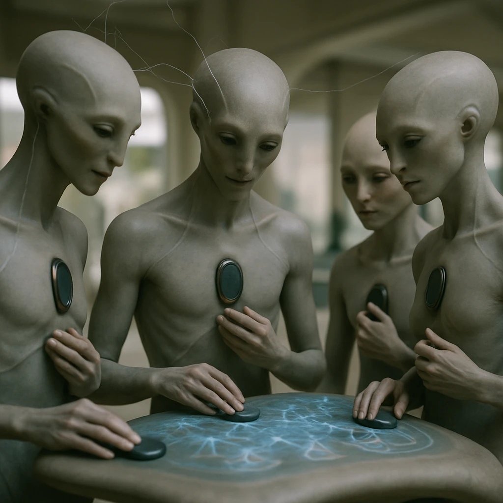 インオリアンたちが神経糸でつながり、共有コンソールの前でオムニ・ノード端末を操作している様子の写真。