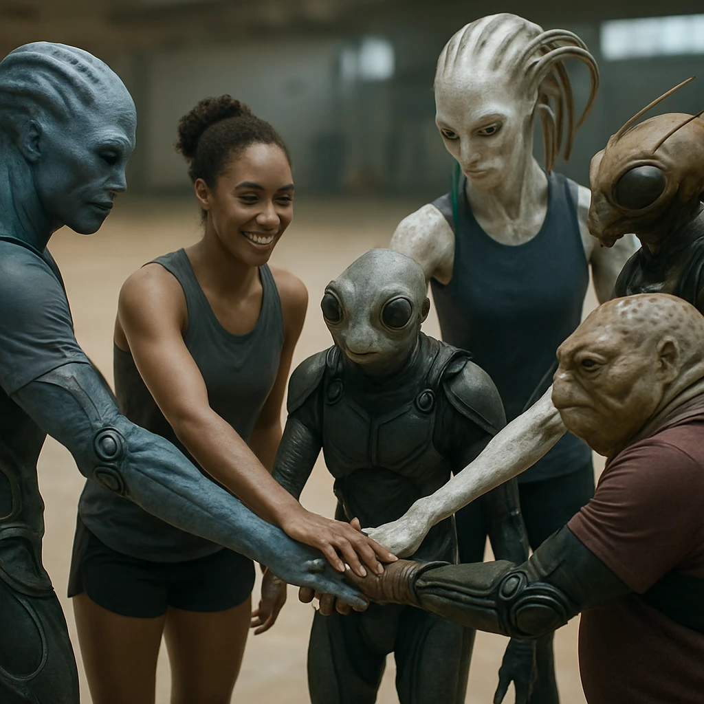 異なる種族のエイリアンが低重力アリーナ内で筋膜強化具を身につけて手や体をつなぎ、集団体操をしている様子のリアルな写真。