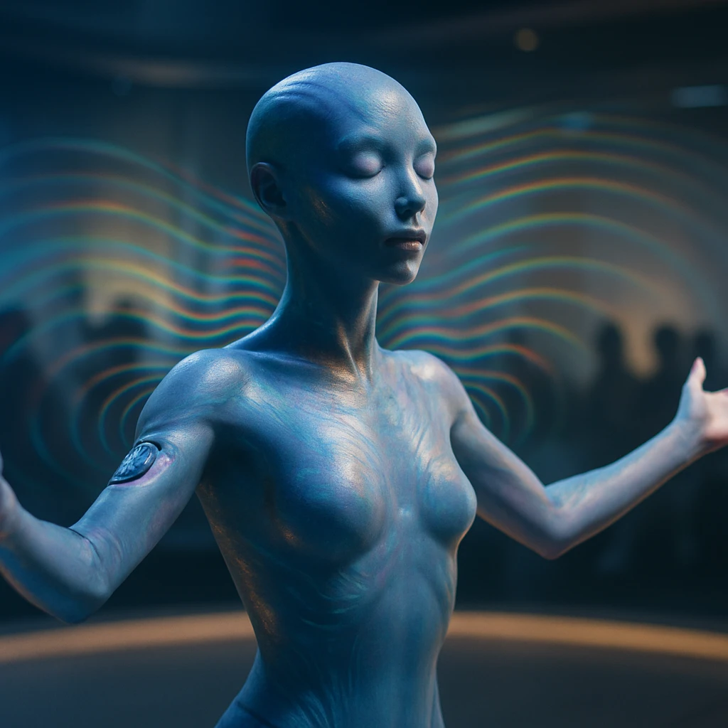 異星人芸能人が舞台で全身を使い共鳴しながら観衆に向けてパフォーマンスしている様子。