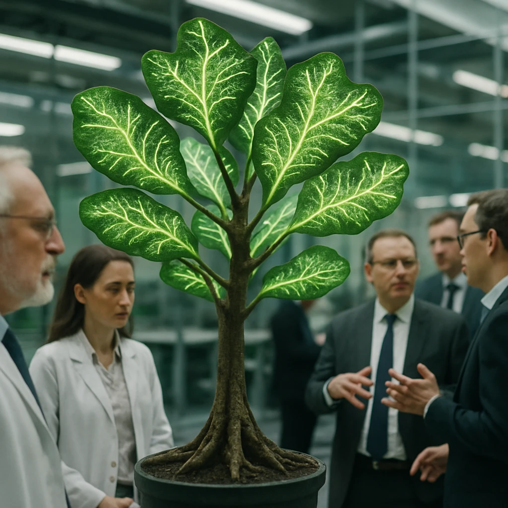 近未来的な研究施設内で、光を発する枝葉を持つ資本樹を数人の研究者とビジネス関係者が囲んで観察している様子。