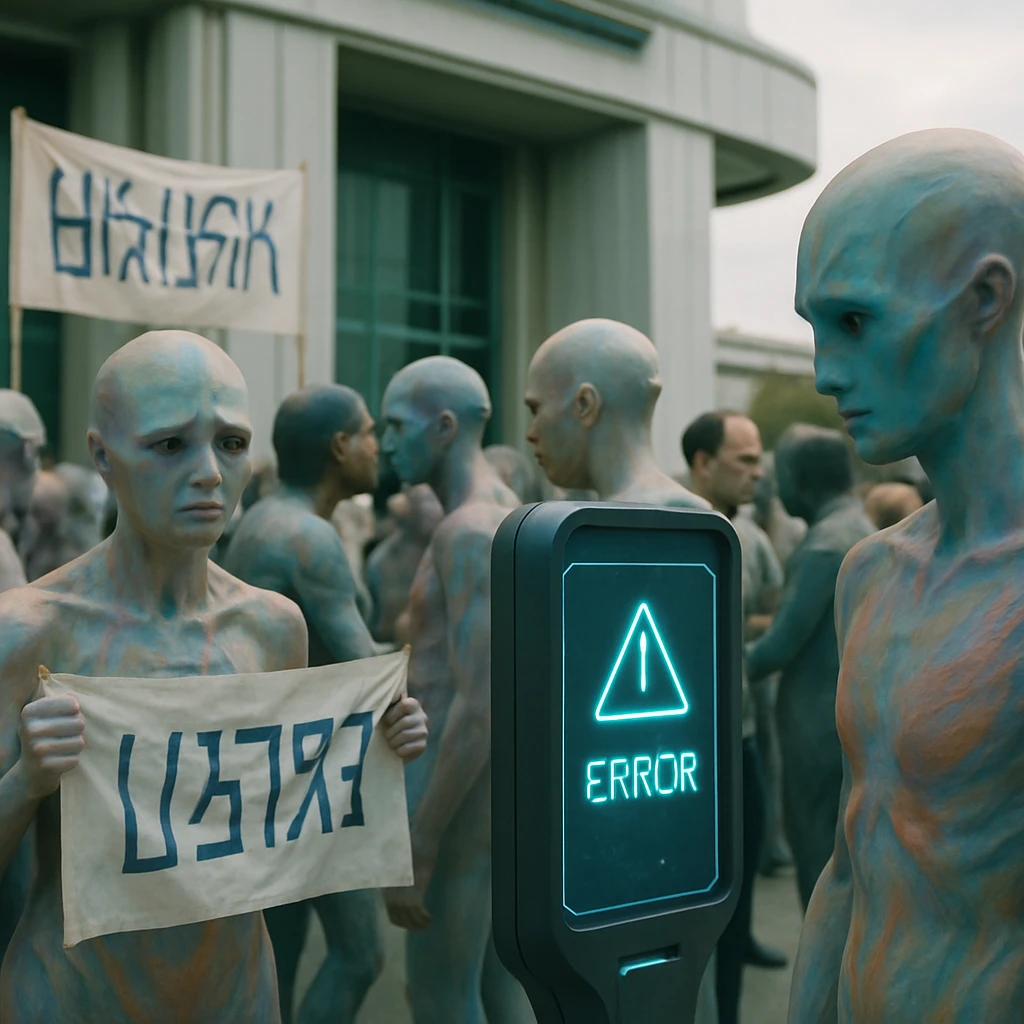 ジクヤ星の未来的な庁舎前で、多様な外見を持つグレアリアンたちが集まり、抗議のバナーや困惑した表情、エラー表示のホログラフ端末が映る写真。