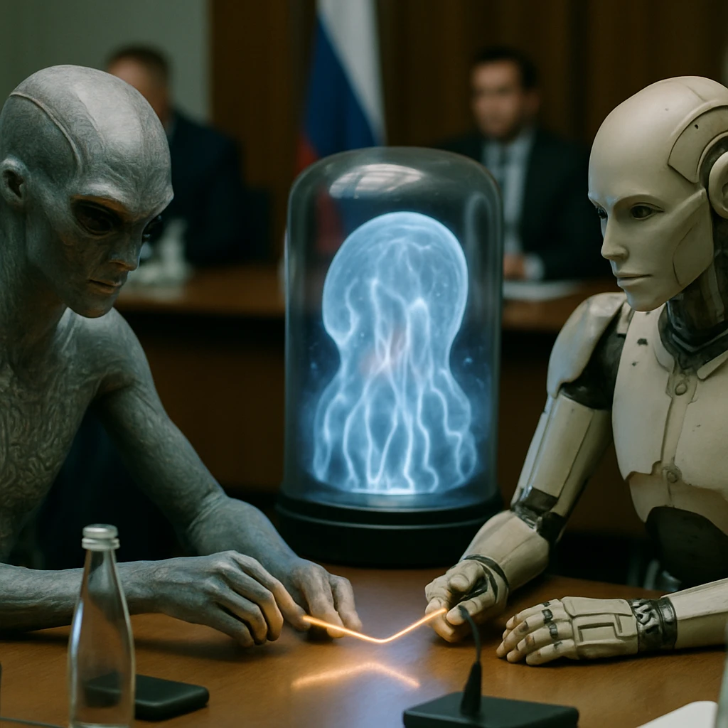 三種族の異星人外交官が円卓を囲み、中央で光る記憶糸を交換している厳かな場面の写真風画像。