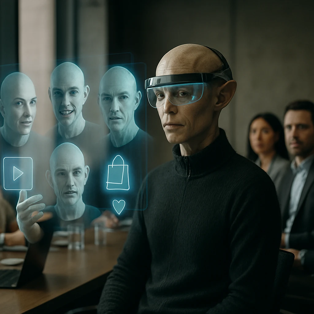 近未来的な会議室で、ホログラムの多重自分像と対話する異星人インフルエンサーを囲むビジネスパーソンたちの様子。