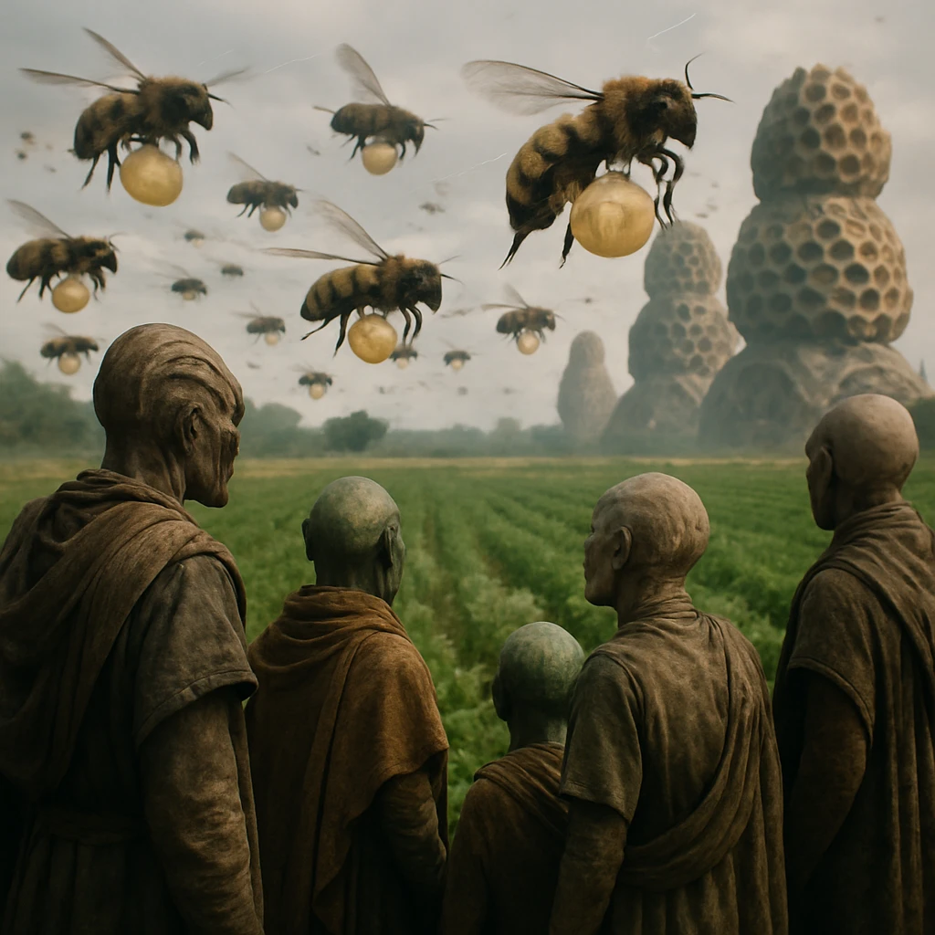 ザルーン族が見守る中、巨大なフロアミツバチの群れが発光する球状貨物を運ぶ農業惑星グヴェルダの異星風景の写真。