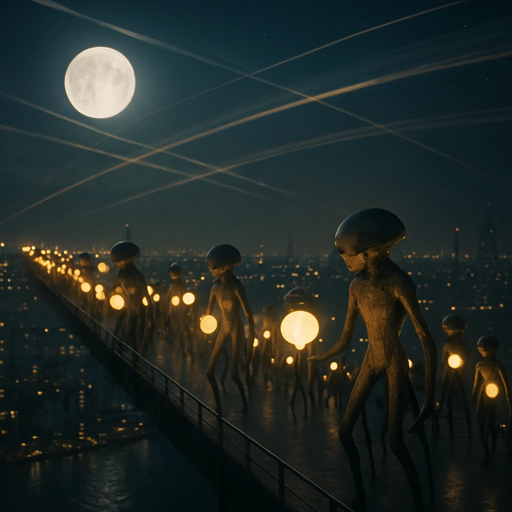 多脚の異星人たちが発光する球体を掲げて夜空の浮遊通路を歩く幻想的な祝祭の一場面。