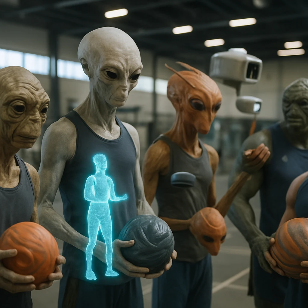 多様な種族の異星人アスリートたちが未来的な屋内スポーツ施設で変形するスポーツ用品やホログラムのトレーナーと交流している様子。