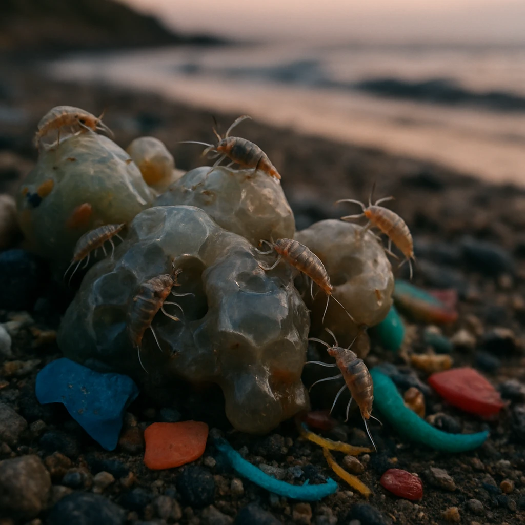異星の海岸に半透明のプラストフォッシルとカラフルな合成漂着物、それらの上を這う小型の甲殻生物が写る写真。