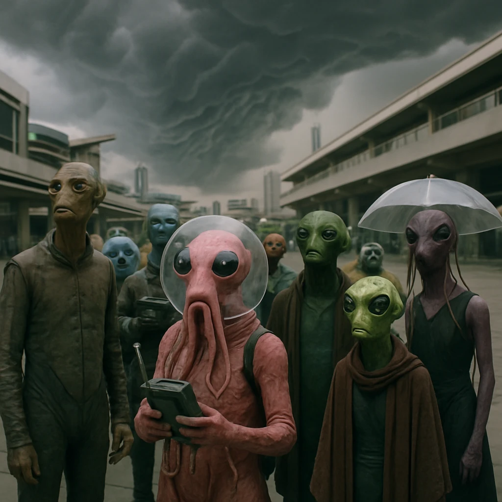 未来的な都市の広場で多様な知的生命体たちが激しい前線雲を見上げている。