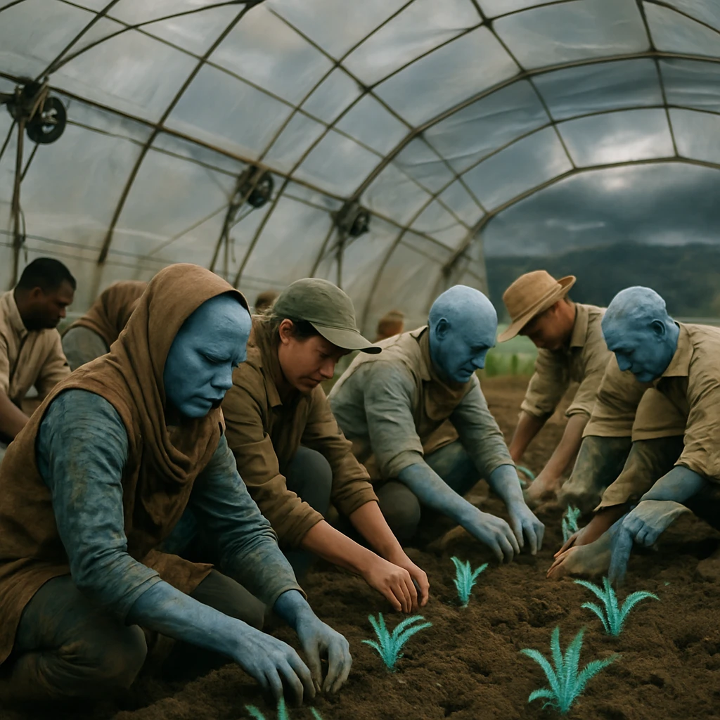 難民と現地農民が共に未来的なドーム型農地で作物を植えている様子の実写風写真。
