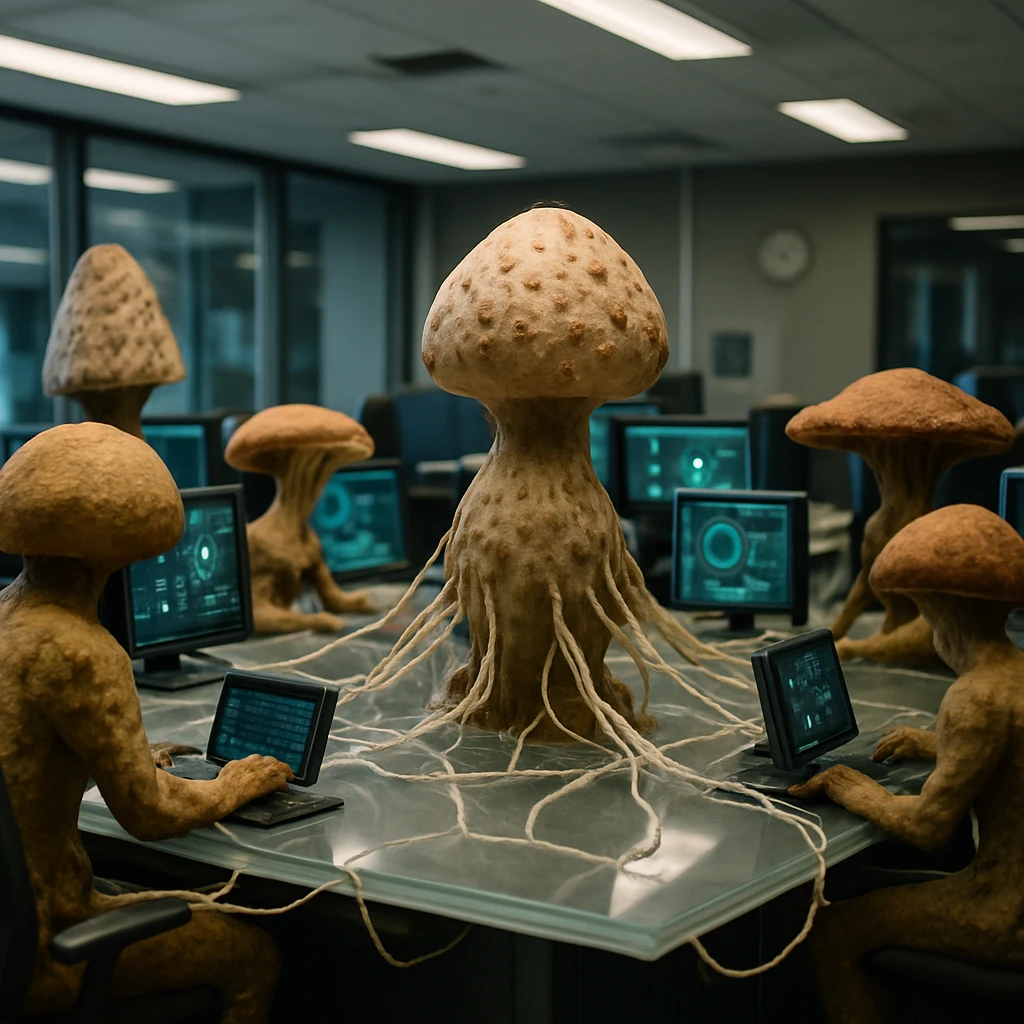 透明なワークステーションで菌糸が繋がる多種の知的菌類が協働しているリアルな写真風の未来的企業室内風景。