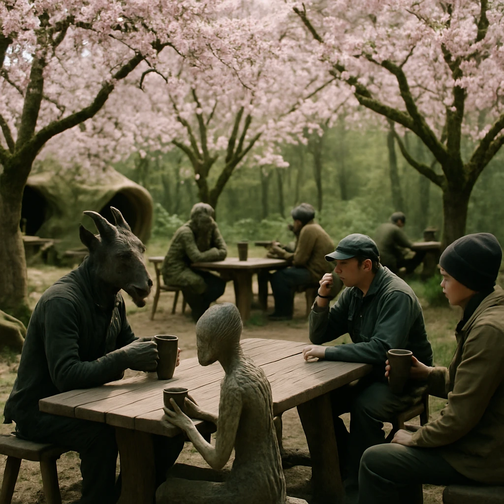 桜が咲き誇る森の中で、多様な種族が木製のテーブルを囲んで飲み物を楽しんでいる森カフェの様子。