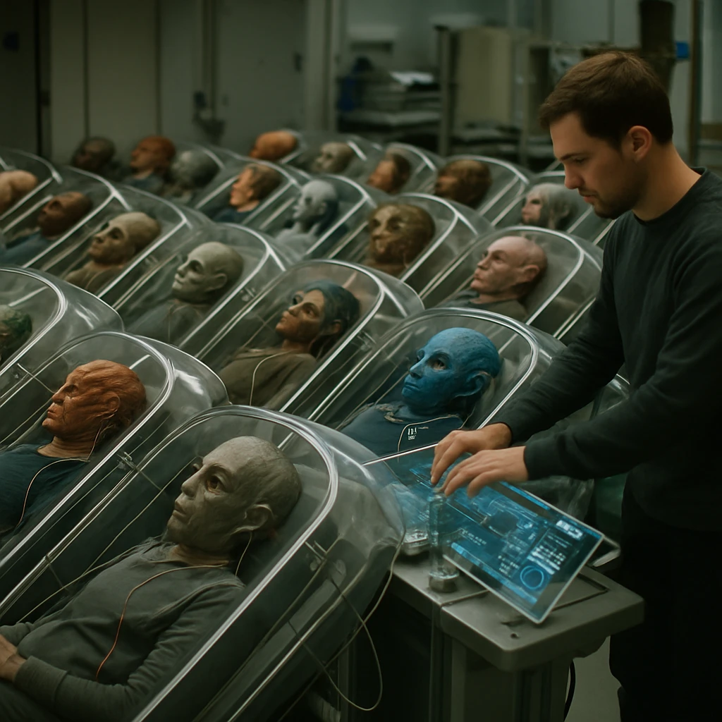 透明なバイオカプセル内でセンサーに接続された多様な異星種出演者が並び、スタッフが制御パネルを操作している未来的なドラマ収録現場の写真。