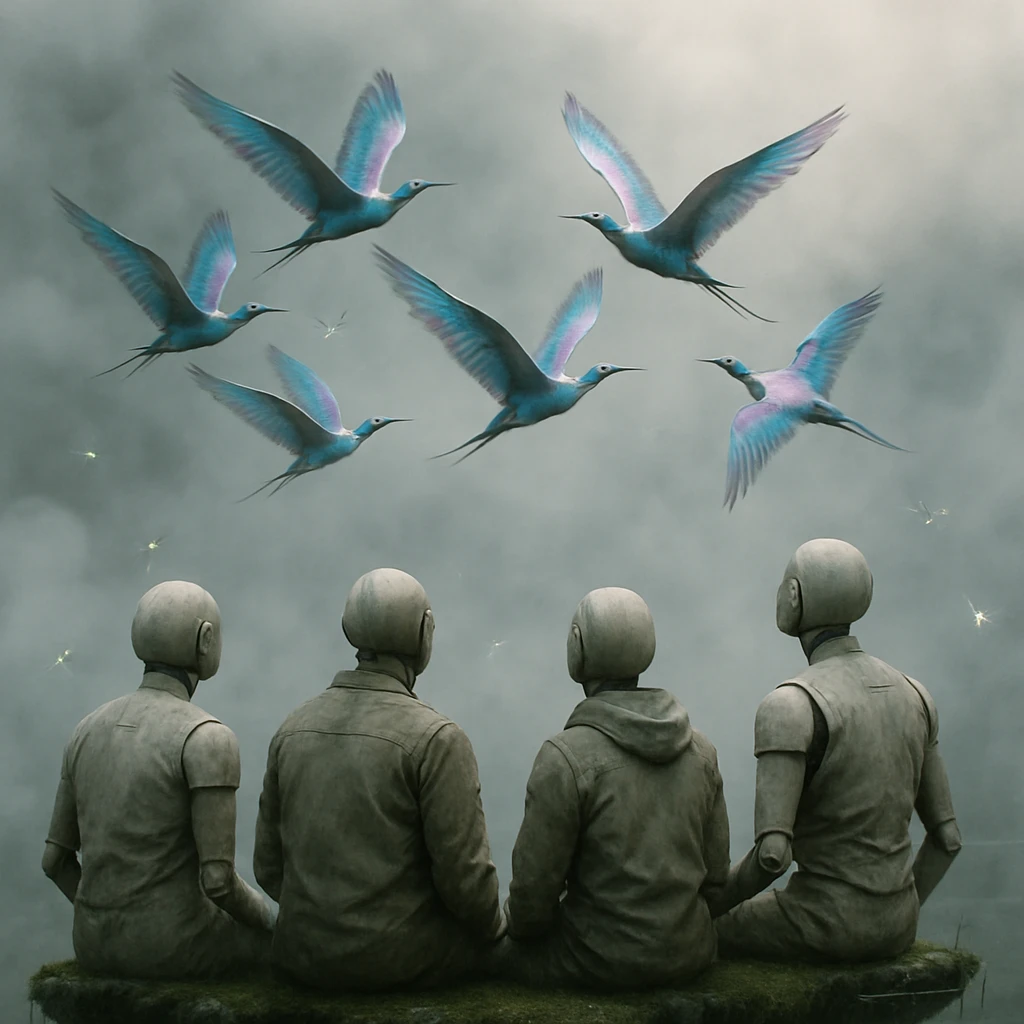 雲に浮かぶ苔のプラットフォームに座るヒューマノイド研究員たちが、霧の中で舞う発光する異星の鳥たちを見上げている写真。