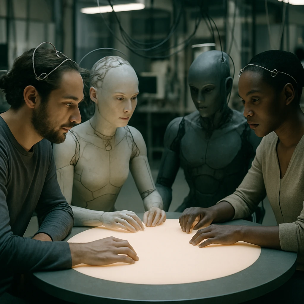 異なる種族やAI知性体が先端的なラボでテーブルを囲み、頭部に神経接続機器を装着して協働OJTを行っている様子の実写風写真。