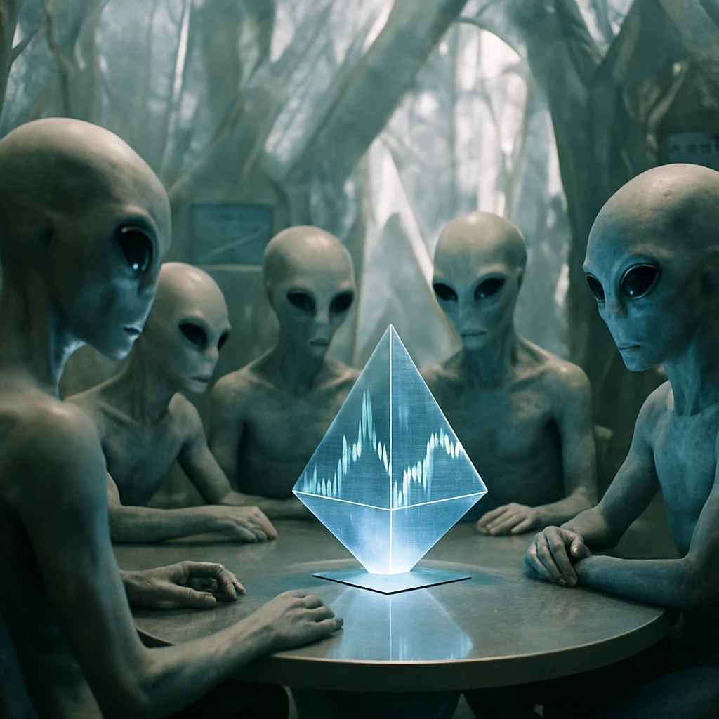 結晶体の会議室で異星人評議会がホログラムのプリズム通貨データを議論している様子の写真。