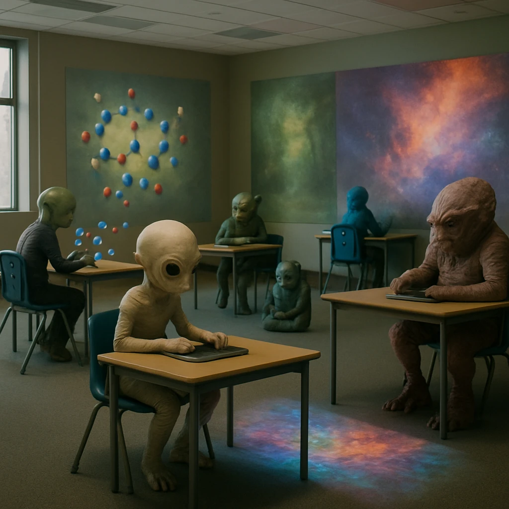 多様な姿の児童が個々に合わせた教材や空間で学ぶ、未来的な教室の写真。