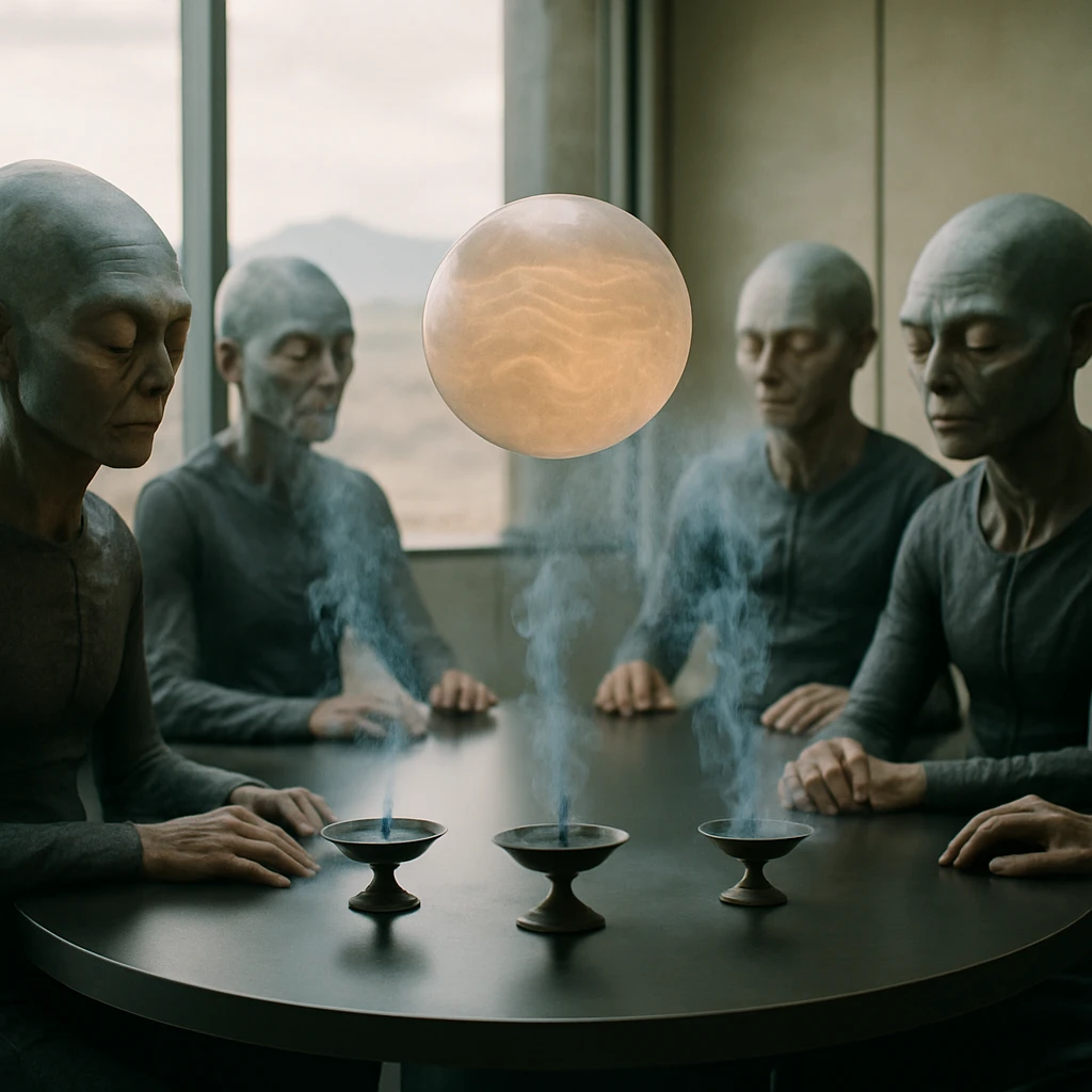 丸いテーブルの中央に浮かぶ発光球体と、青い煙を吸うオゾニン族の役員たちが並ぶ会議室の写真。