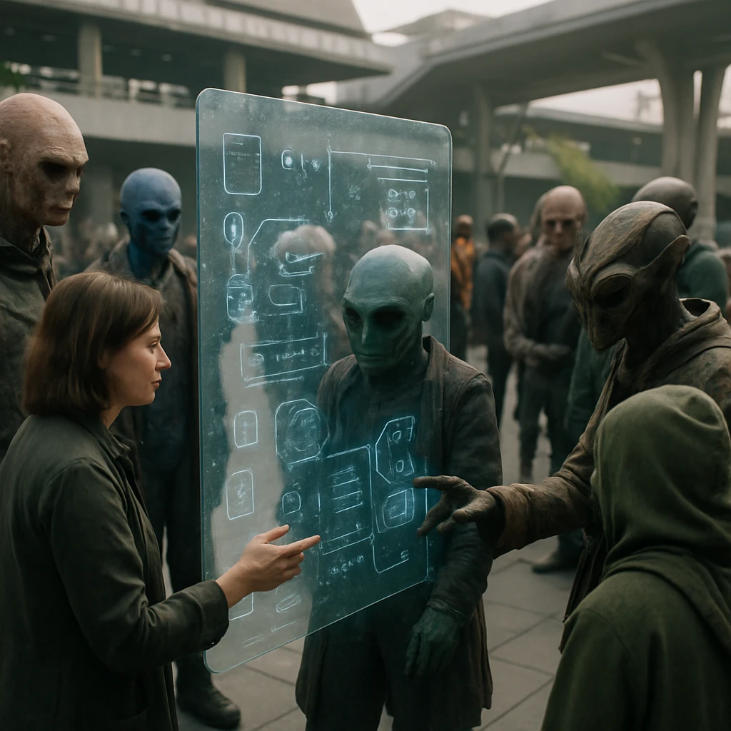 未来的な広場で多数の異星種族が集まり、透明な情報ディスプレイを囲んで交流している様子の写真。