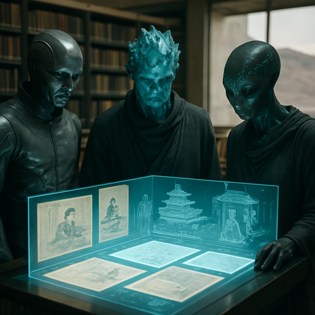 未来的なアーカイブホールで三種の異星の学者が発光する資料テーブルを囲み、『源氏物語』や日本の城などのホログラムを見つめている実写風の写真。