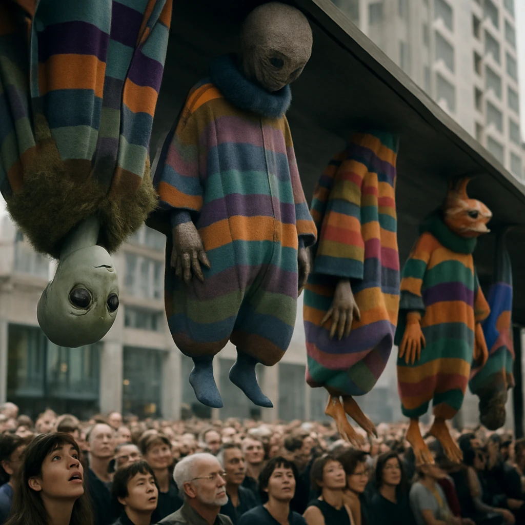 重力逆転ステージ上で浮遊しながらメガストライプ模様の衣装をまとった異種族モデルたちと、それを見上げる観衆の様子を捉えたリアルなドキュメンタリー風写真。