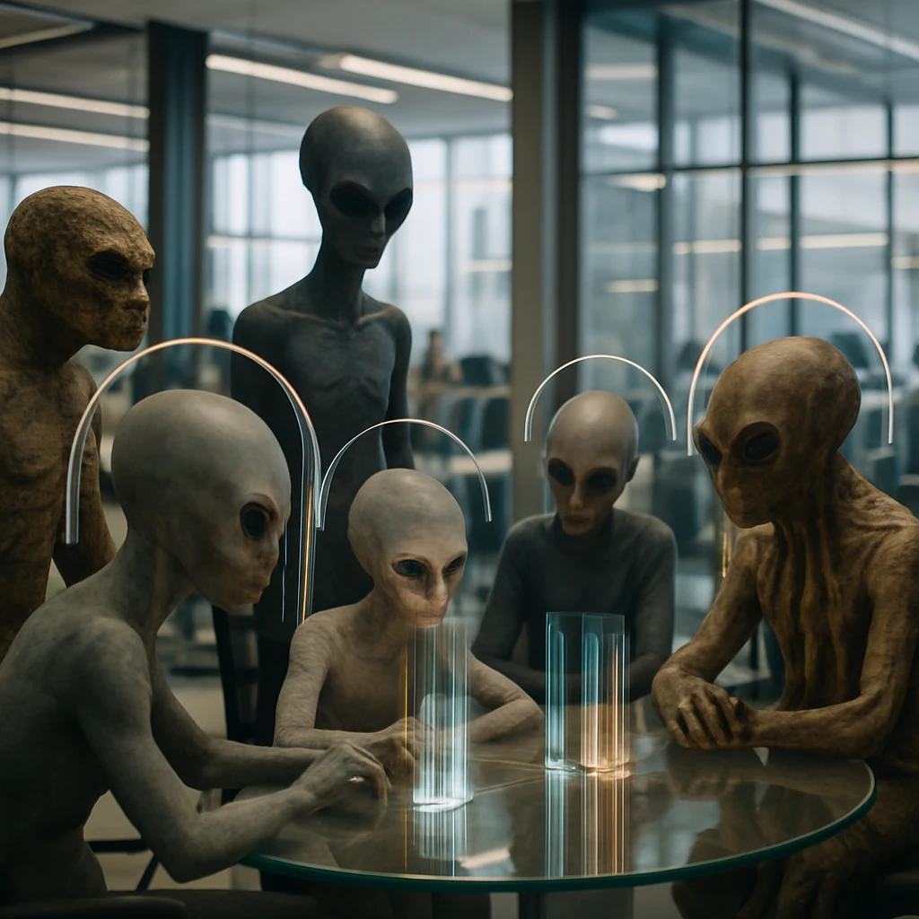 未来的なオフィス空間で多様な異星人たちが透明なテーブルを囲み、頭部に多次元的なインターフェースパネルが繋がれている様子の写真。