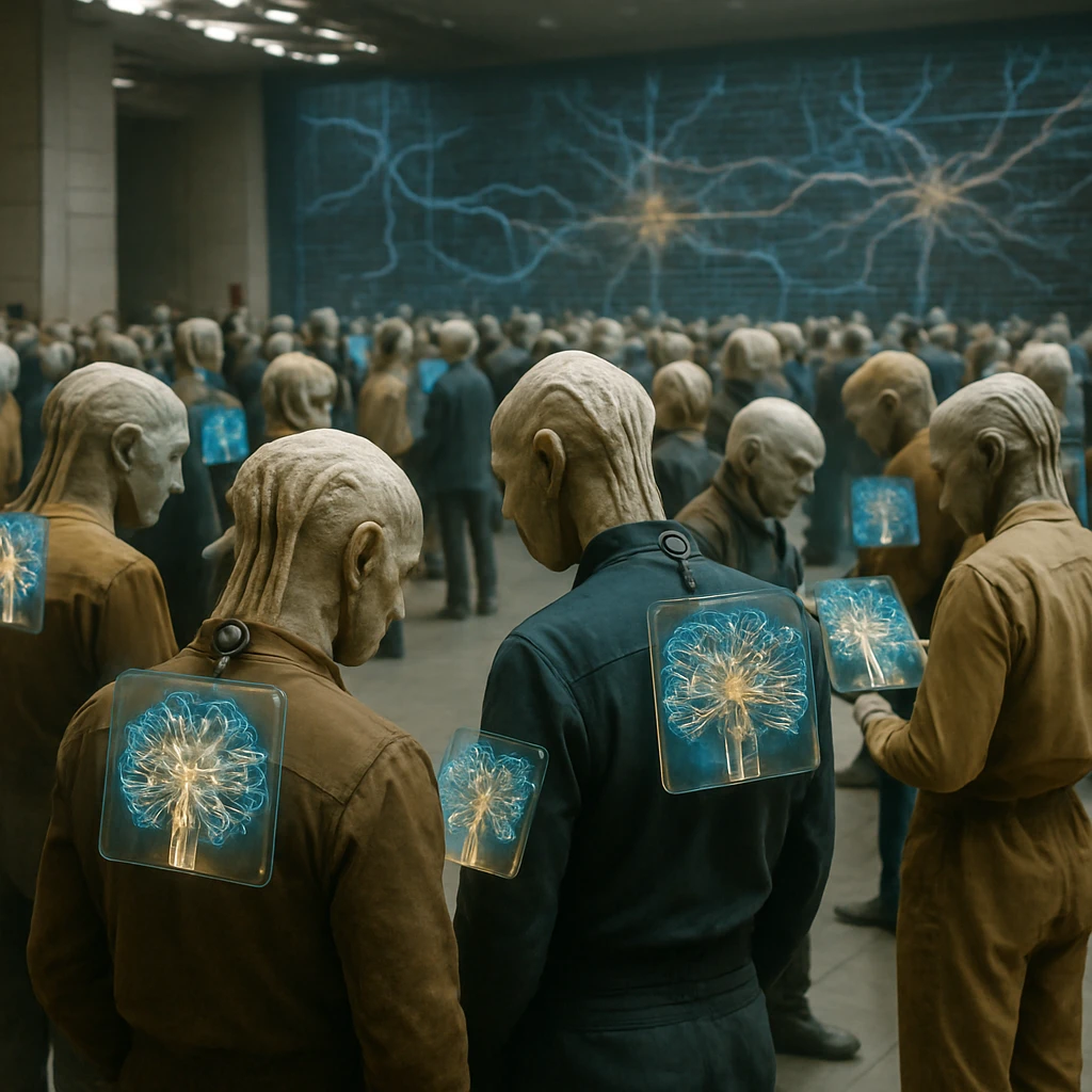 未来的な広いホールでゼルリアンたちが首元の端末から投影されたホログラムのスキルマップを見ている様子の実写風シーン。