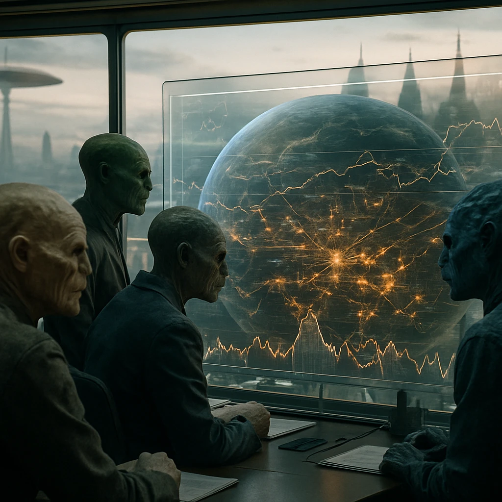 多様な種族の人物たちが、巨大な透明ディスプレイに惑星規模のカーボン潮汐指標を映し出す制御室で協議している様子。