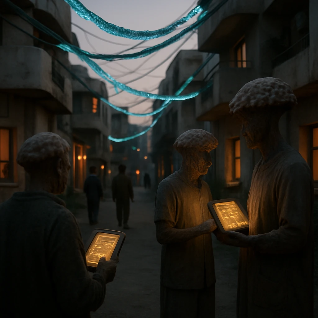 夕暮れ時に、発光する菌糸体の電力回廊と未来的な建物、人型の異星住民たちが有機パネルを操作する様子。