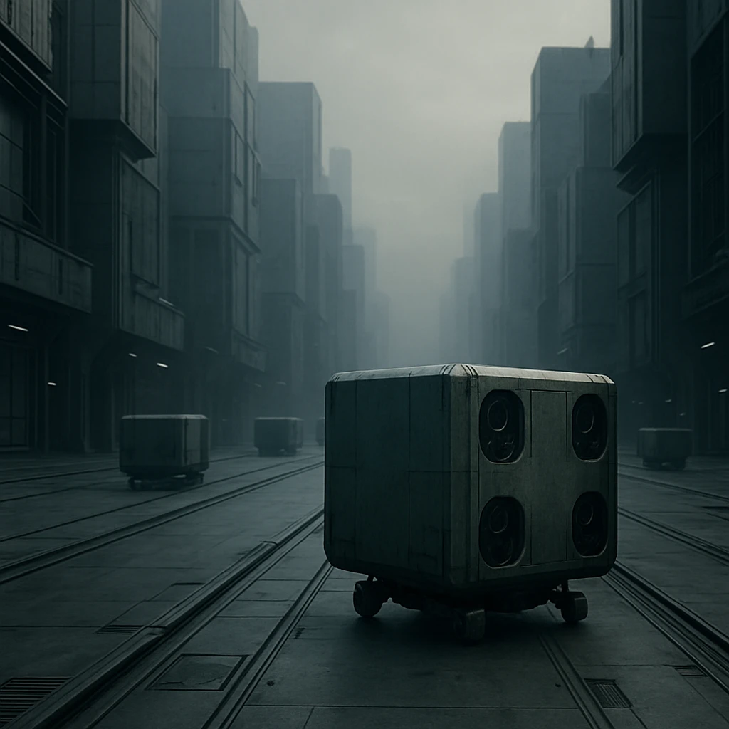 未来的な都市の巨大な立方体型物流回廊で、輸送用ドローンが停止し無人となった静かな一場面。