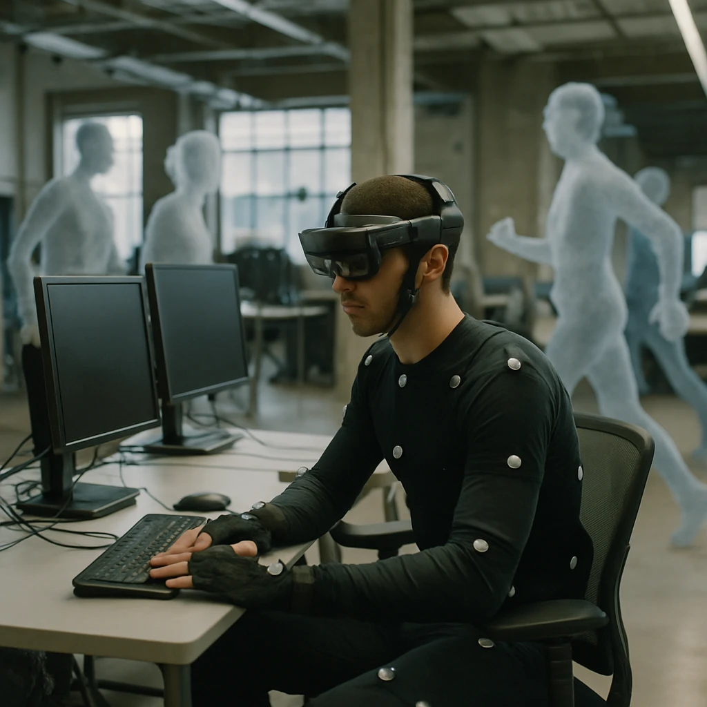 先進的なウェアラブル端末とモーションキャプチャスーツを装着した技師が、作業台で半透明のアバター残像に囲まれている様子の写真。