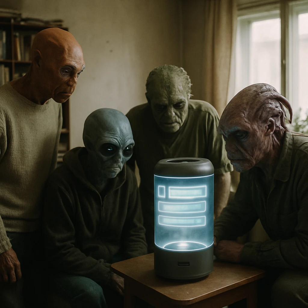 リグノアの下層住宅で数人の市民がAI管理端末の前でサブスクリプション解約警告を確認している様子の写真。