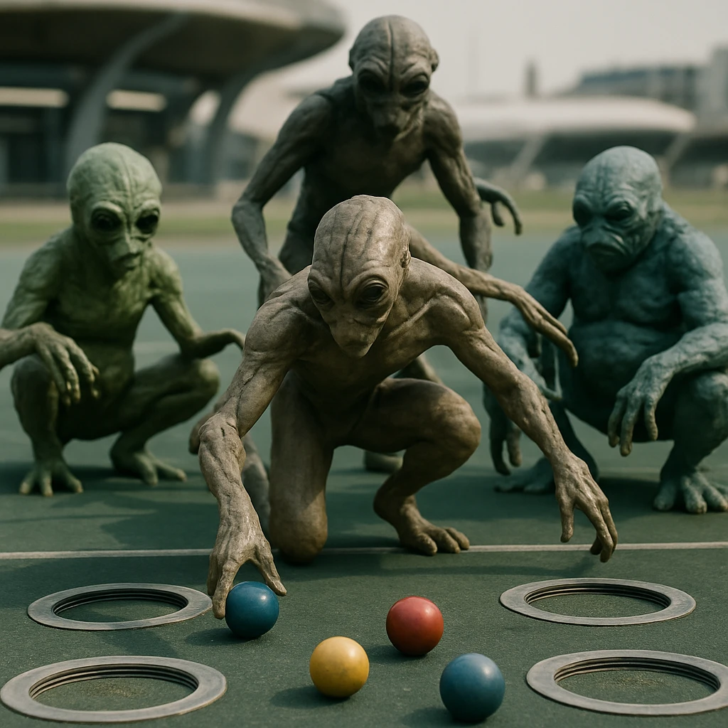 多腕を持つ異星人たちがリング状の重力装置が設置された広場でカラフルな球を使いボッチャを楽しんでいる様子のリアルな写真。