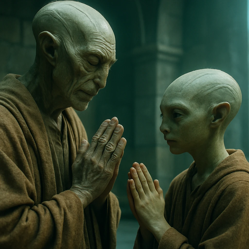 青緑色の柔らかな光に包まれた石造りのホールで、非地球的な特徴を持つ師匠と弟子が儀式的な所作を行っている写真。