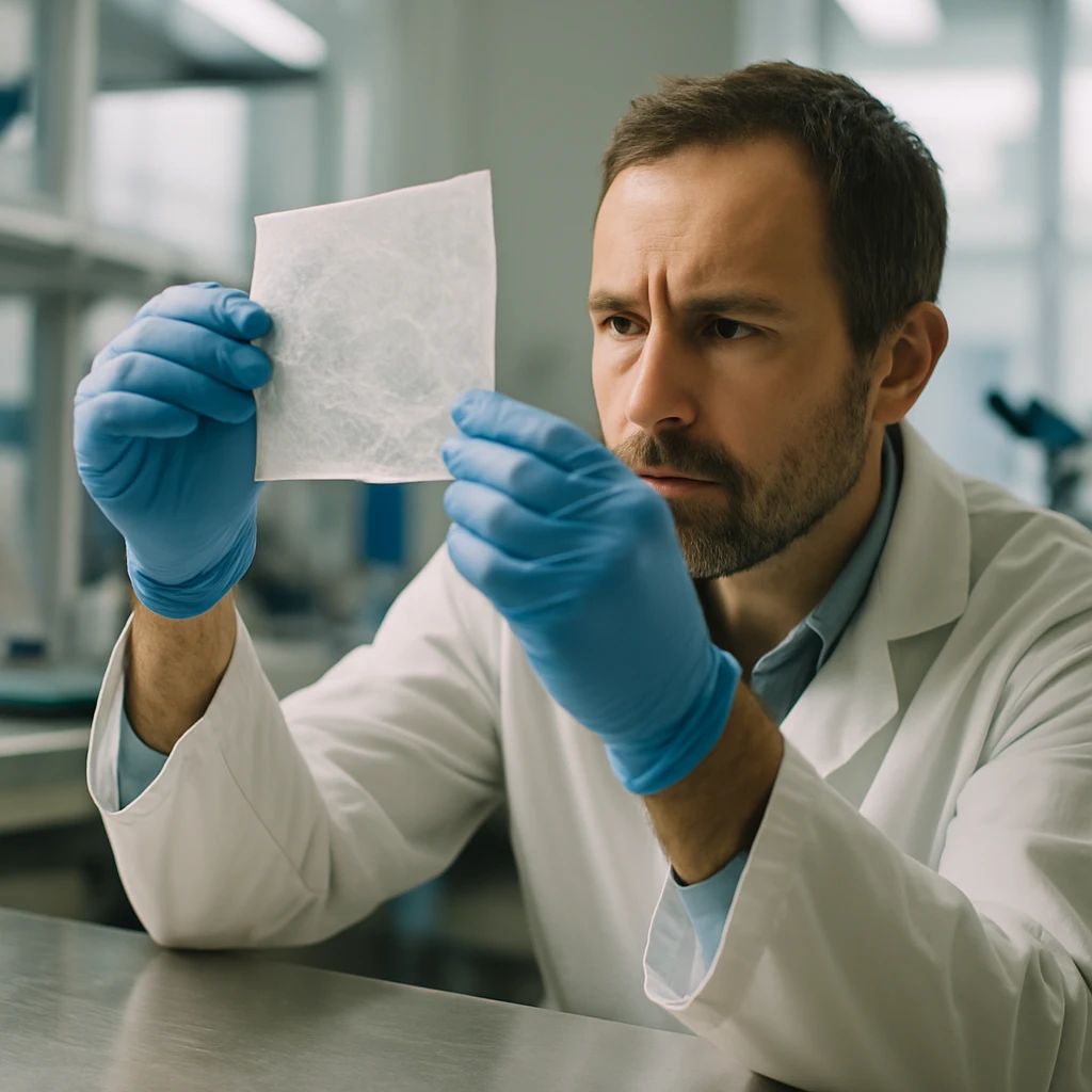 科学者がラボで薄いセルロースナノファイバー膜を光にかざして観察している様子の写真。