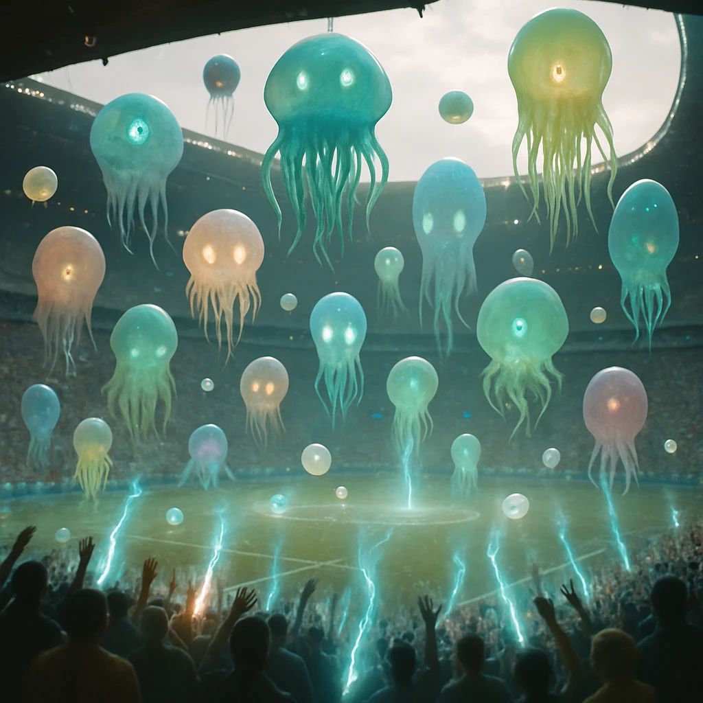 様々な透明で発光する異星生命体が浮かぶ未来的なスタジアムのフィールドを捉えた写真風画像。