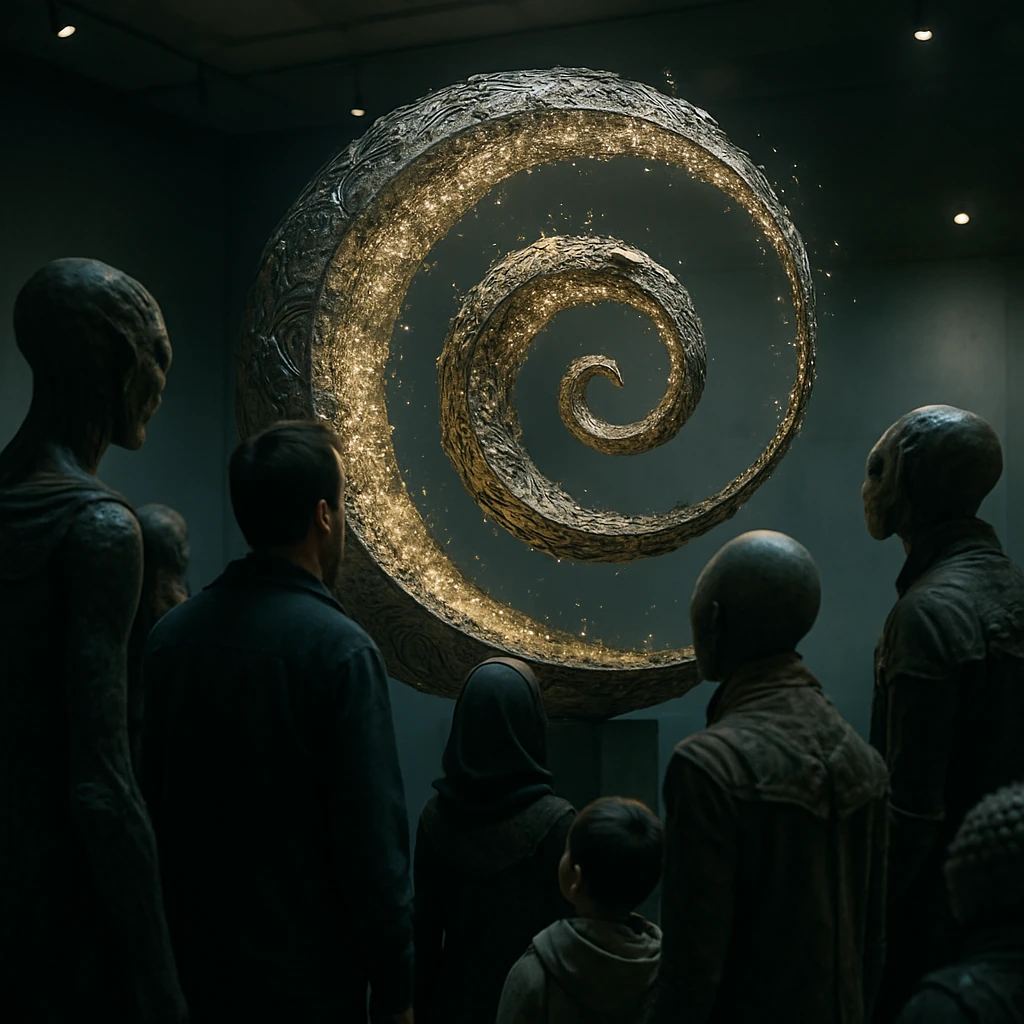 未来的な美術館の中央で、さまざまな種族の来場者たちが巨大な光る螺旋型インスタレーションを取り囲んで見上げている様子。