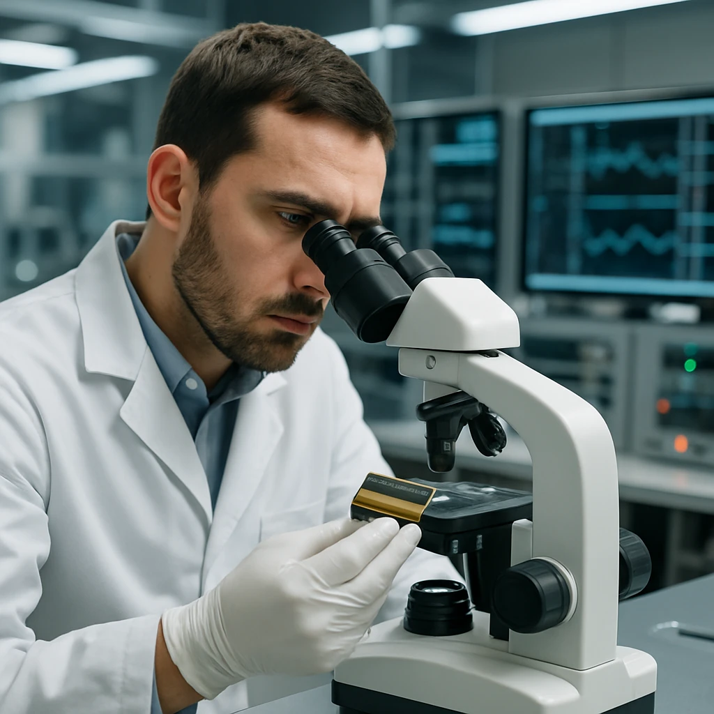 先進的な材料研究所で科学者が顕微鏡越しに試料を詳細に観察している様子。