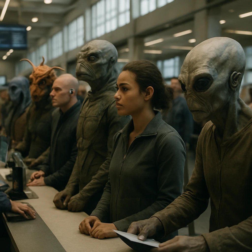 多様な種族と性別の生命体が未来的な雇用センターの受付で順番を待つ様子の実写風写真。