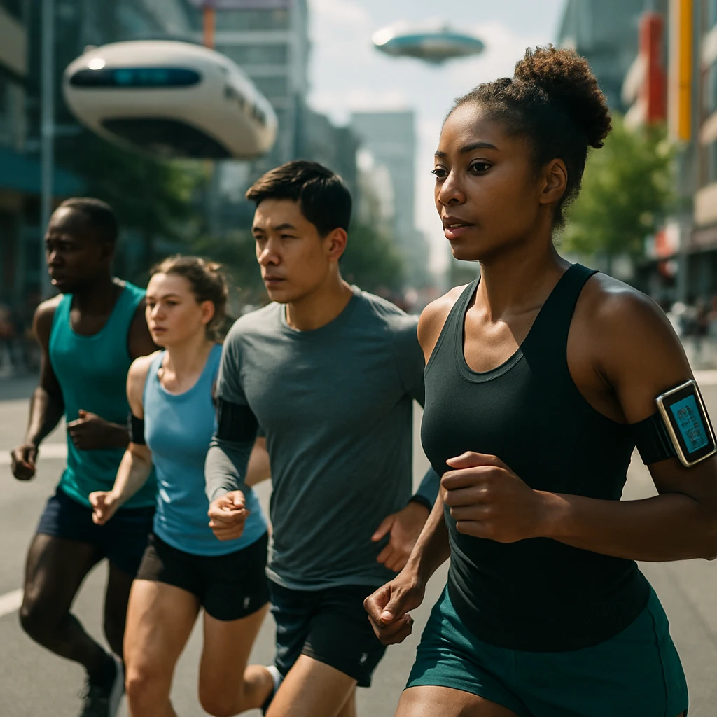 未来的な都市道路を個別のタイミングでスタートする多種族のランナーたちと、背景に浮遊車両が見える写真。