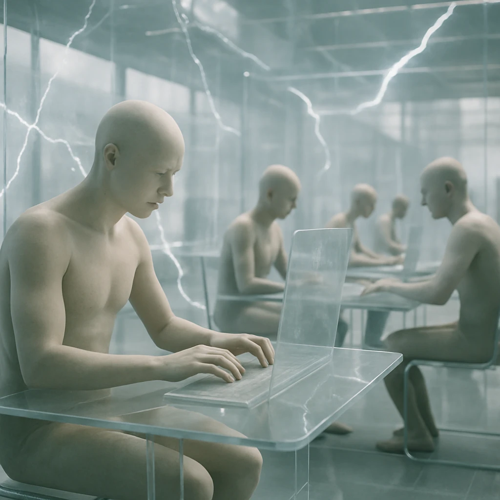 未来的な透明のオフィス空間で複数の同じ姿をした人物がバーチャルワークステーションに座り勤務している様子。